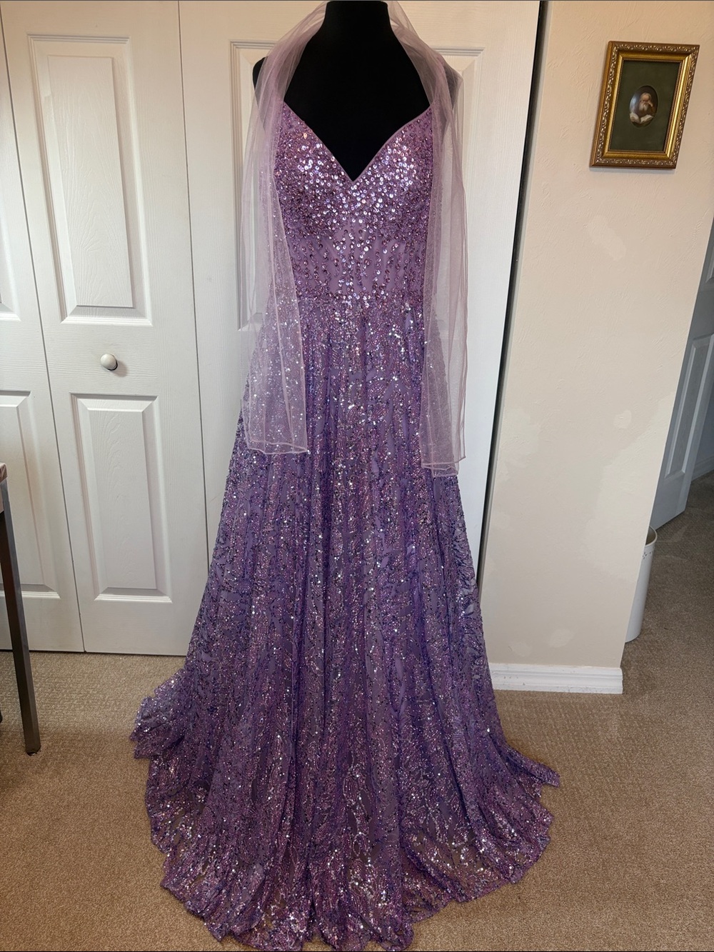 NWT Annabelle Sequin Formal Gown Dress Lilac Size 16 Matching Shawl VIP Bridal.